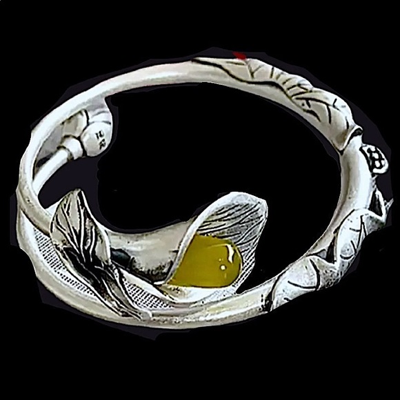 STERLING SILVER HANDMADE VINTAGE JADE FLOWER BANGLE BRACELET - Picture 7 of 13